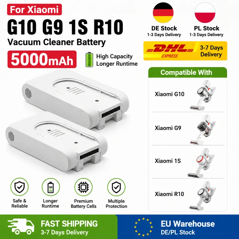 Batterie de remplacement Li-ion 25,2 V 5000 mAh pour aspirateur Xiaomi G9 G10 T10 R10 S1, compatible avec DGDXT-7S1P-001, batterie rechargeable haute capacité, autonomie longue durée, performances sûres et fiables, disponible depuis l'entrepôt de l'UE