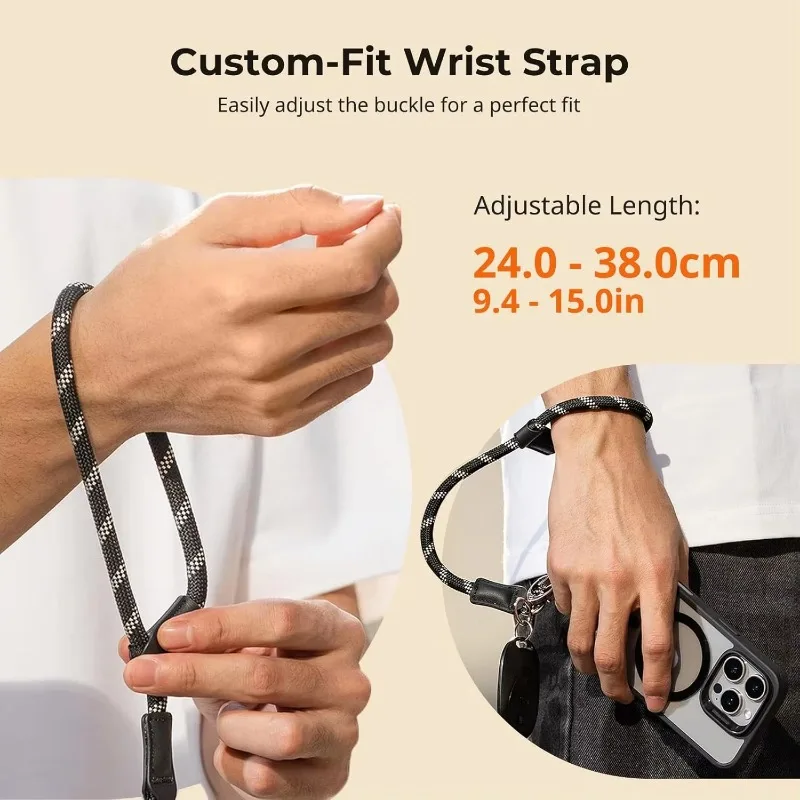 Adjustable 38cm Leather Nylon Phone Wrist Strap Lanyard for iPhone Samsung Smartphone Anti‑Lost Holder Accessory
