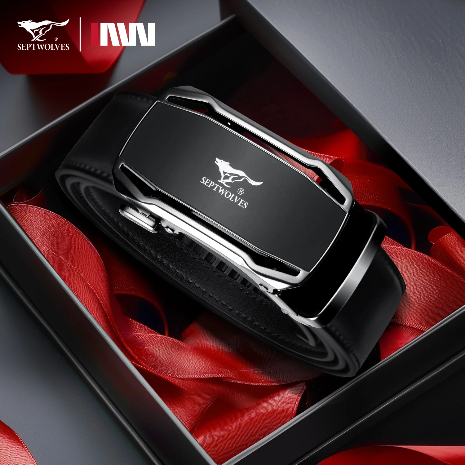 

Septwolves Cow Leather Belts Fashion Men's Belt Metal Alloy Automatic External Buckle Father Lover Friend Gift With Luxury Box