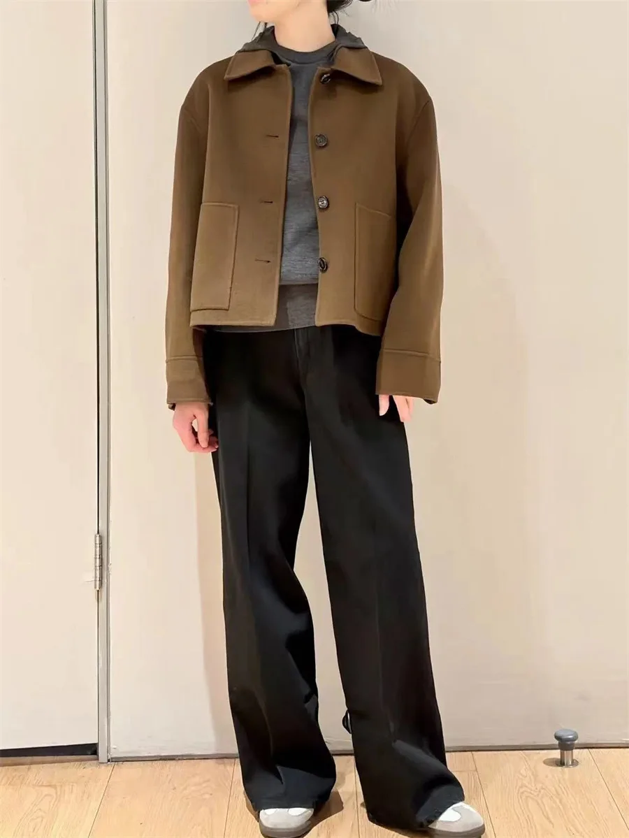 معطف نسائي قصير بتصميم بسيط من مزيج الصوف ذو وجهين، مناسب للارتداء اليومي، مصنوع من جلد الغنم، إصدار جديد لفصلي الخريف والشتاء #5