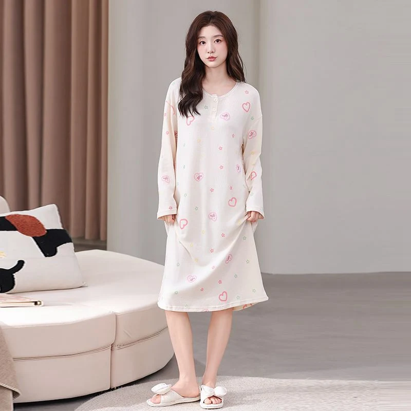 

Осень 2024, ночные рубашки из 100% хлопка с длинными рукавами для женщин, корейское свободное длинное платье, одежда для сна, ночное платье, ночная рубашка, домашняя ночная рубашка