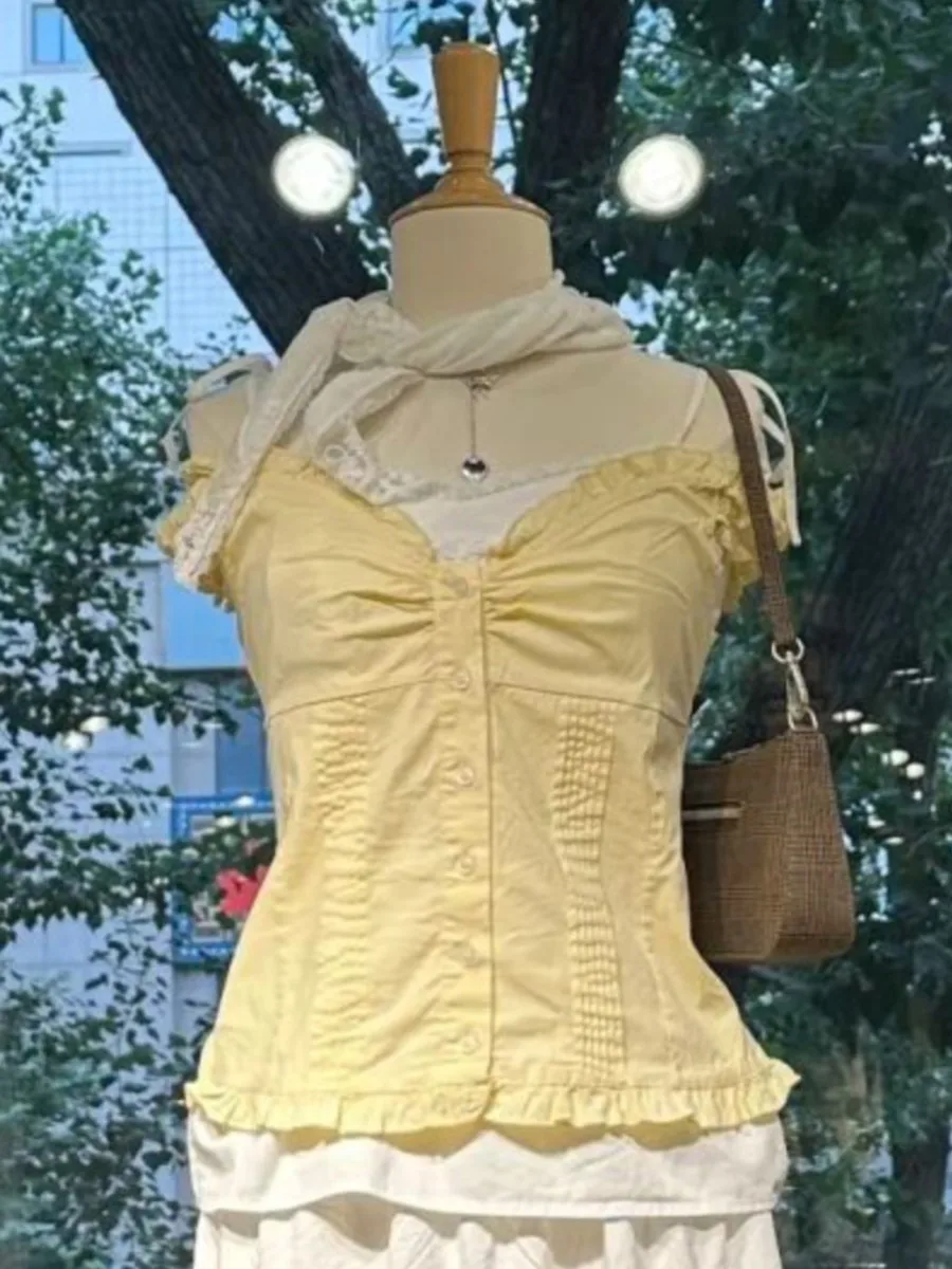 

Yellow Folds Slim Blouse T-shirt Women Summer Ruffle V-neck Single Breasted Tee Shirts Sweet Casual Simple Puff Sleeve Shirt Top
