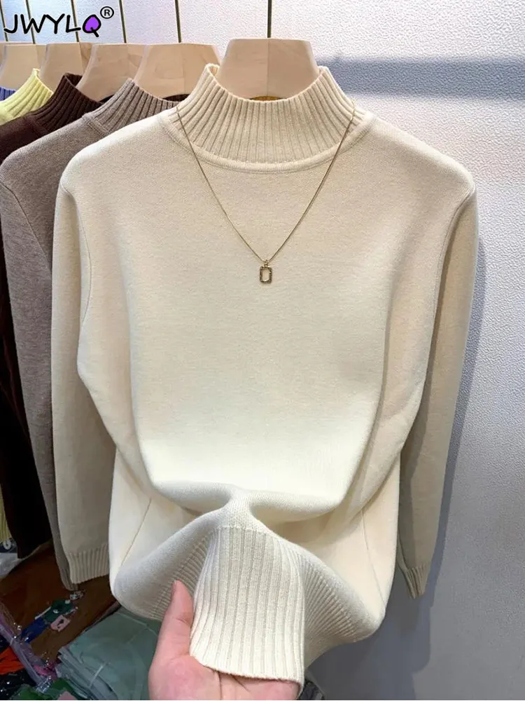 Candy Color Thick Warm Half High Collar Pullover Sweater Women New Autumn Winter Slim Long Sleeve Knitted Sweater All-match Tops