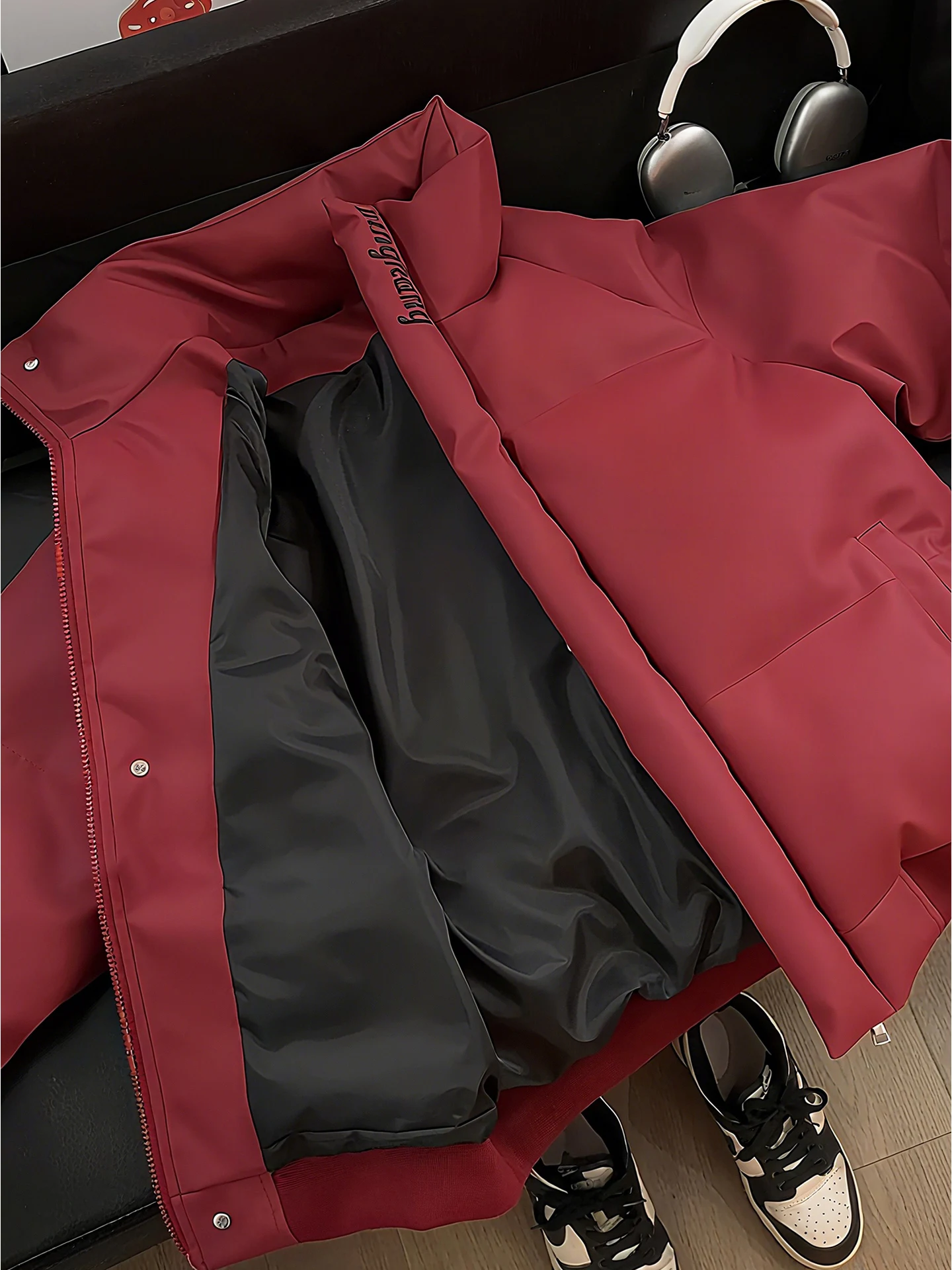 الأحمر الأمريكي التطريز بو الجلود أسفل Jaet الرجال Thiened شتاء دافئ ort Sle الوقوف طوق القطن معطف ملابس خارجية