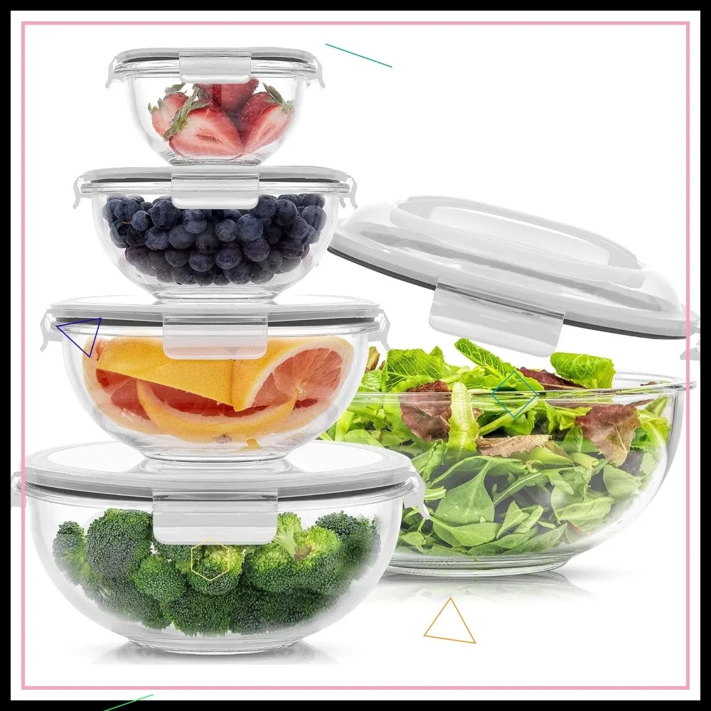 

Набор из 5 стеклянных мисок для смешивания с крышками - вкладываемые в один другого миски для кухни, приготовления пищи, хранения и салатов