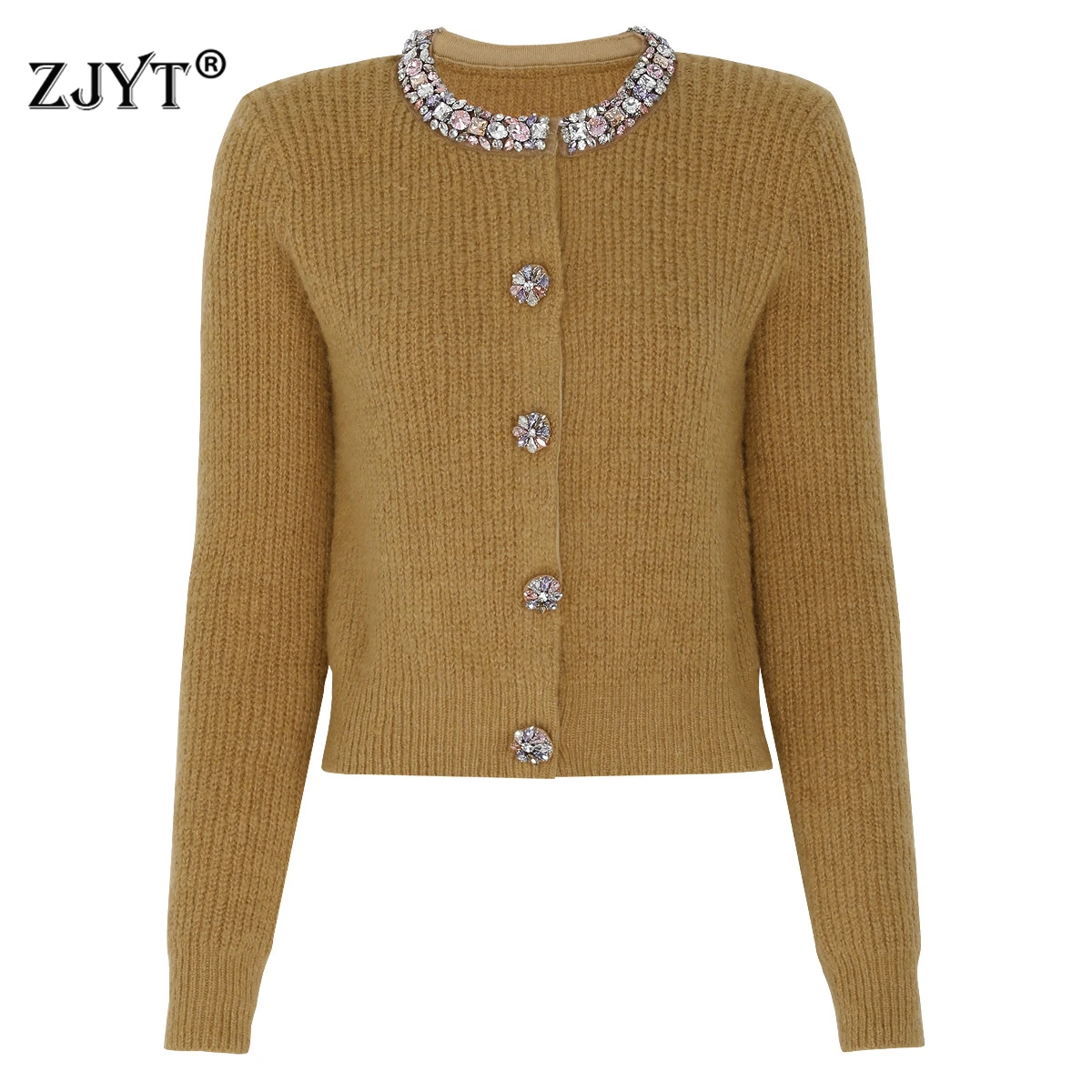 

ZJYT Роскошные вязаные свитера с бриллиантами и круглым вырезом, кардиганы, пальто с длинными рукавами, элегантные однобортные повседневные короткие трикотажные топы для женщин
