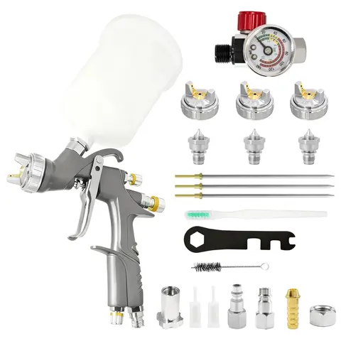 D1 LVLP Air Spray Gun Premium Kit 1.3/1.5/1.7/2.0mm Nozzles, w/ Pressure Regulator, Paint Gun for Cars & House DIY Painting