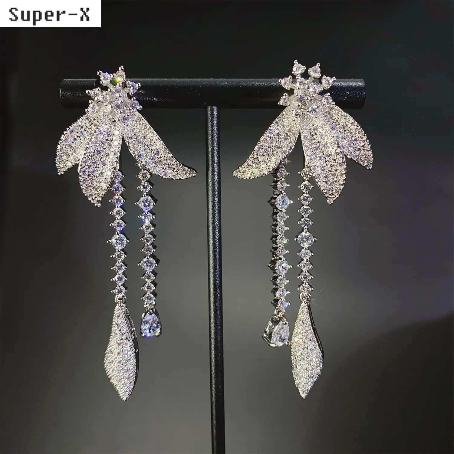 white zircon Leaf Earrings silver color Long Tassel Chain dangling Earrings Luxury Jewelry Wedding party Women Jewelry
