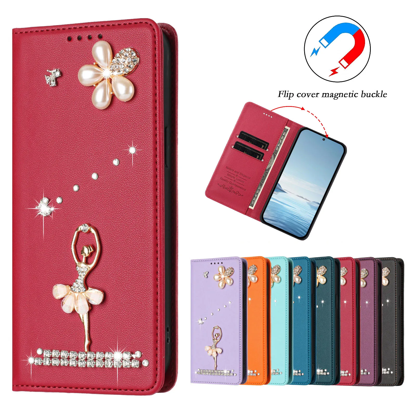 Capa de Telefone com Strass para Samsung Galaxy A91 M80S S10 Lite A7 A5 A6 A8 2018 J3 J5 J7 Pro, Capa Flip Brilhante para Meninas
