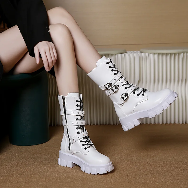 Fashion Punk Rivet Buckle Strap Platform Combat Boots Women's Lace Up Mid Calf Motorcycle Boots New Round Head Belt Buckle Shoes