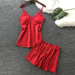 Sexy Lace Short Sleep Sets Soft Comfortable Satin Silky Solid Color Pajama Set Female Nightwear Nightdress