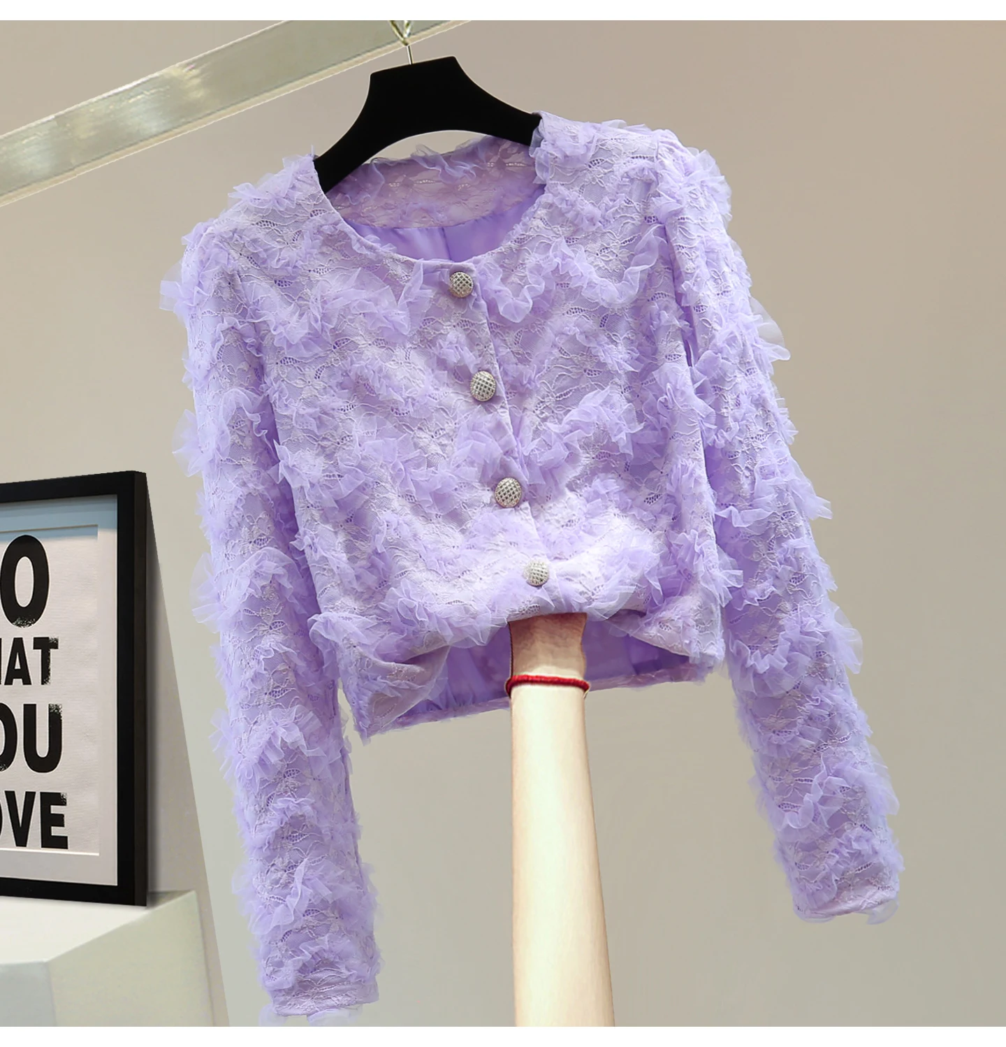 

2025 Autumn Korean Style High-Waisted Short Purple Lace Shirt for Women, Ruffled Edge Embroidery Round Neck Long Sleeves Blouse