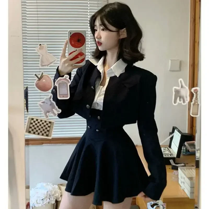 Preppy Style Vintage Fashion Suit Woman White Shirt + Short Coat High Waist Slim Y2k Mini Dress Japanese Elegant Set 2025 Chic