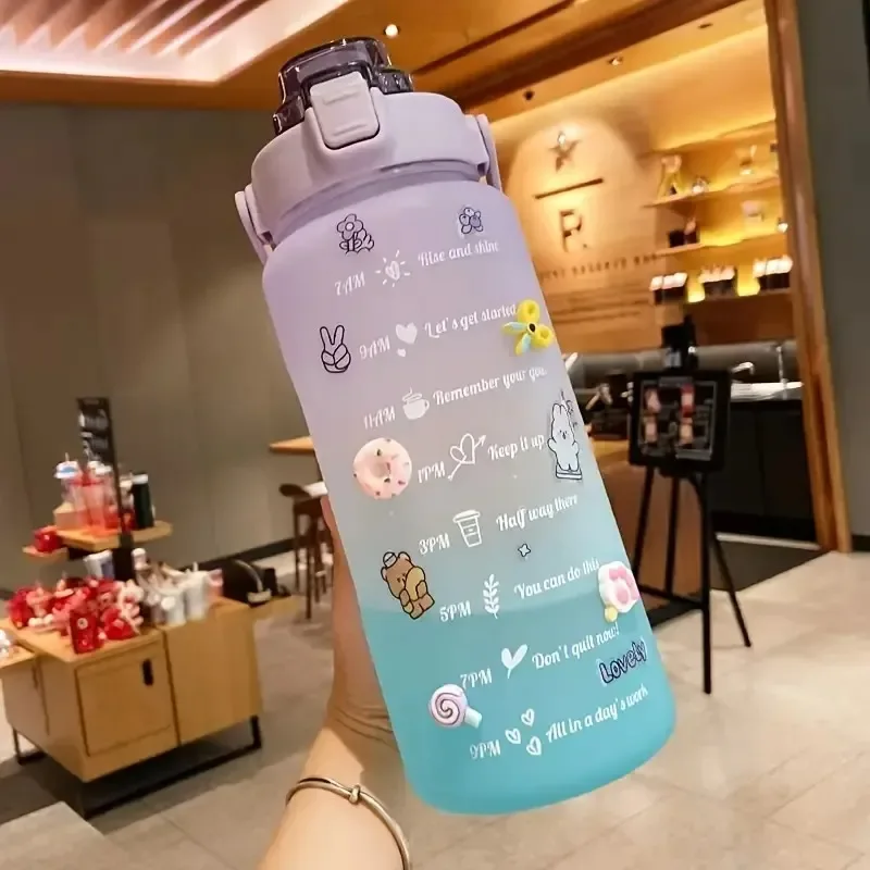 2L Colorful Frosted Water Bottle With Straw And Cute Sticker Kawaii Motivational Time Marker Sport Workout Portable Drinking Cup