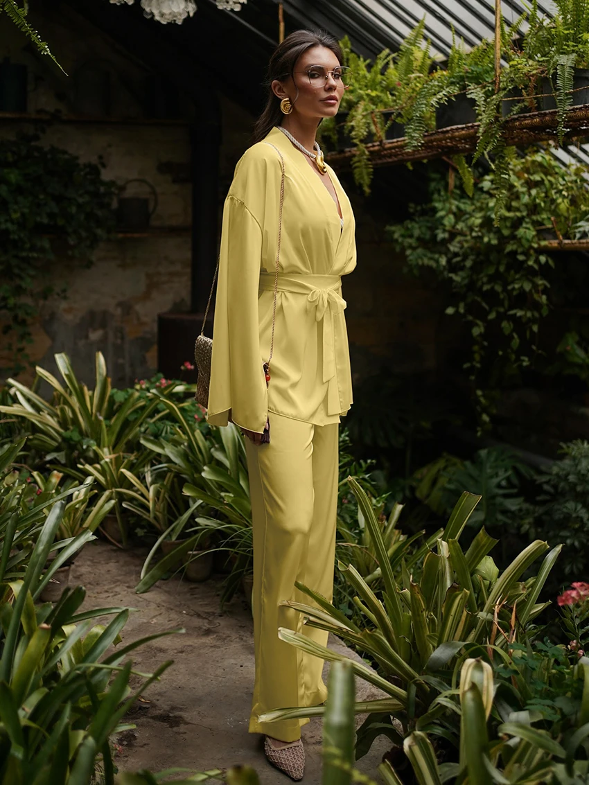 Marthaqiqi Autumn Ladies Sleepwear Suit Long Sleeve Robe Sexy V-Neck Nightgowns Lace Up Nightwear Pants Casual Female Pajama Set