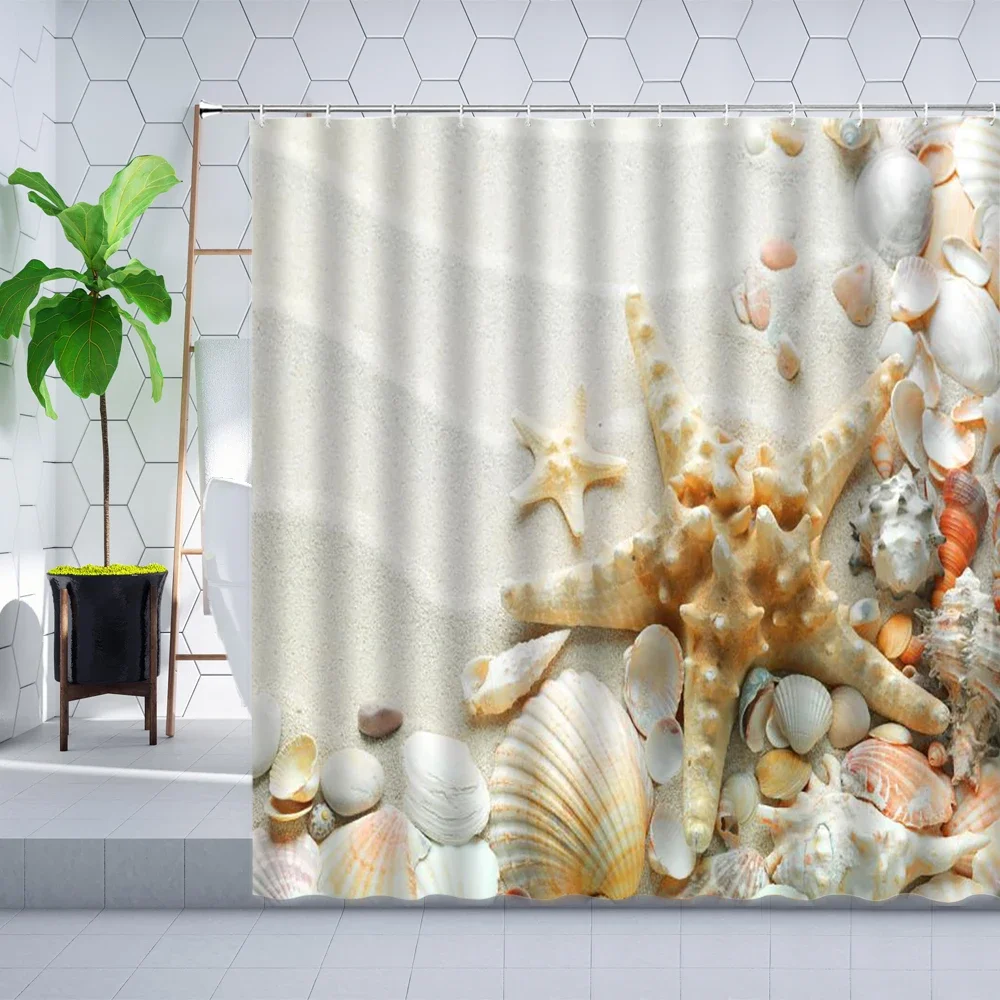 Summer Beach Shell Shower Curtain Starfish Sea Scenery Bathroom Wall Decoration Cloth Bathtub Screen Hanging Curtains polyester