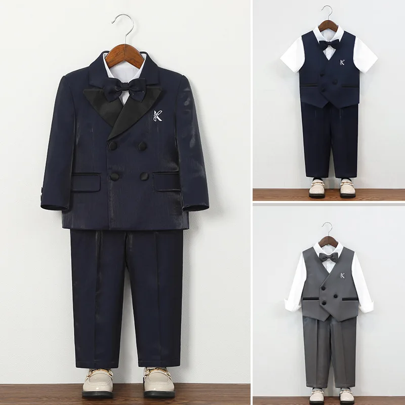 Boys Shiny Tuxedo Suit Set Double Breasted Blazer with Contrast Lapel Kids Formal Performance Outfit Wedding Party Clothes 1-12Y