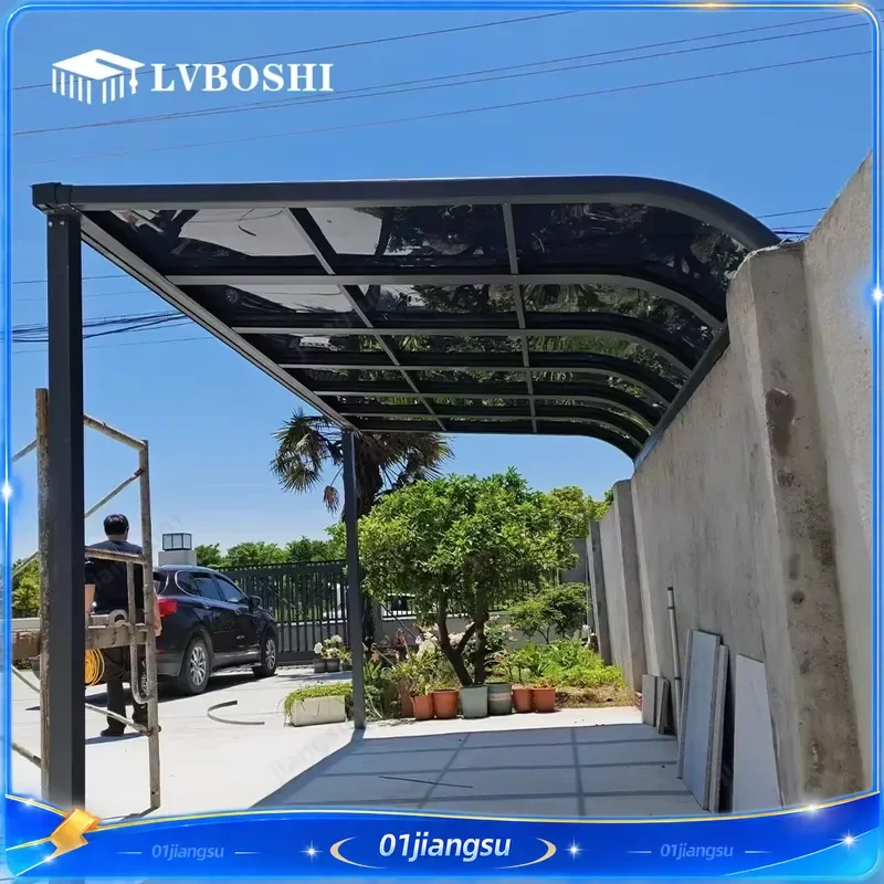 Custom Size Modern Luxury Outdoor Double Carport Aluminum Frame Fixed PC Roof Prefabricated Car Shelter Parking Canopy Garage