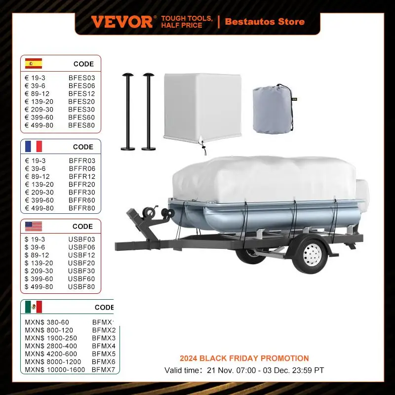 VEVOR Pontoon Boat Cover Fit for 17'-28' Boat Heavy Duty 600D Marine Grade Oxford Fabric UV Resistant Waterproof Trailerable