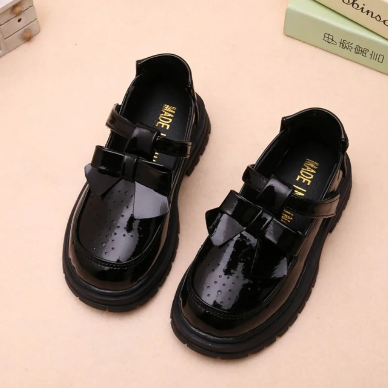 British Style Black School Girl Shoes Glossy Children\'s Leather Shoes Spring Autumn Bowtie Versatile Kids Causal Princess Shoes