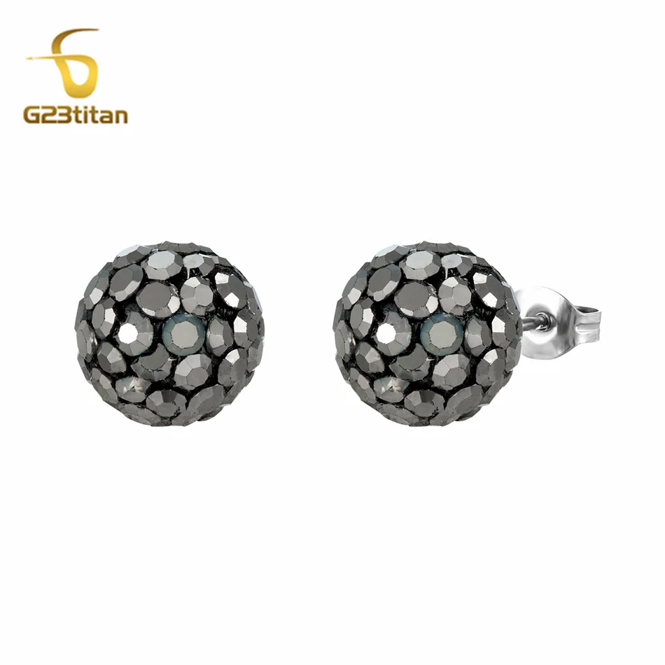 Grey Crystal Clay Ball Bead Earrings for Men Teen Hypoallergenic Titanium Piercing Jewelry Classic Women Man Accessories Present