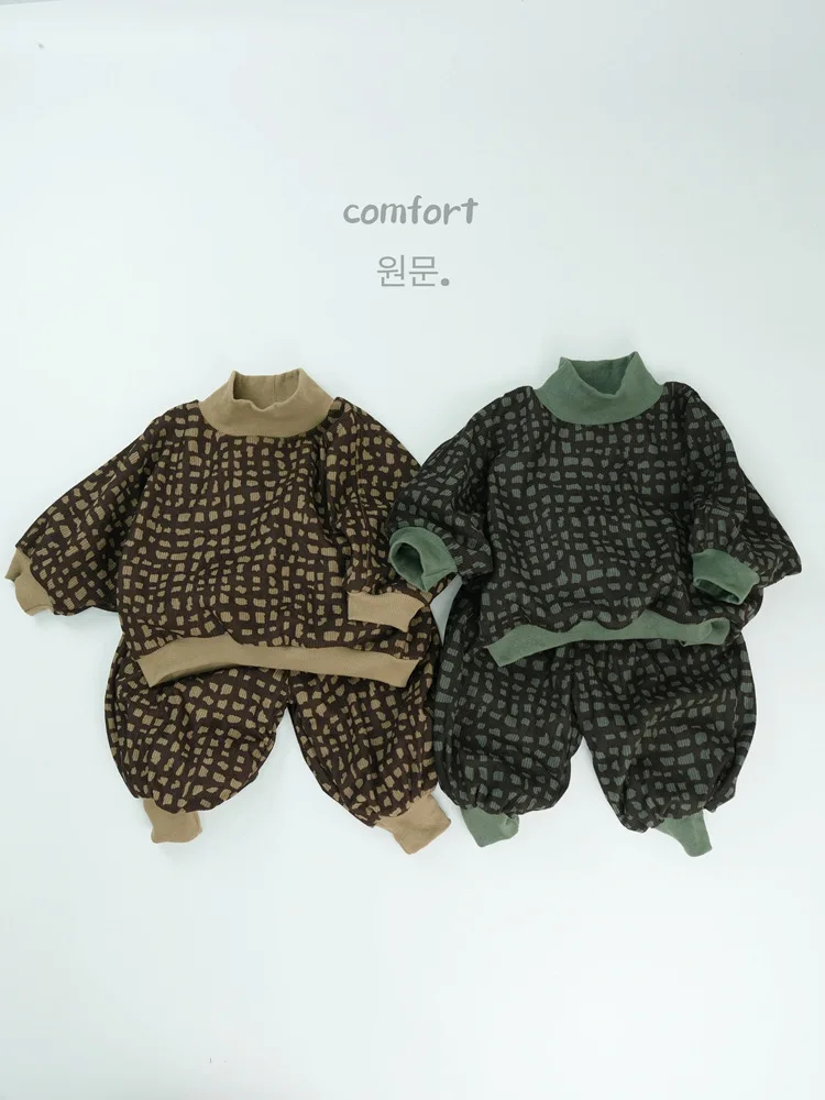 

2024 Winter New Children Fleece Corduroy Sweatshirt + Lantern Pants Suit Boys Girls Plus Velvet Thick Plaid Set Kids Outfits