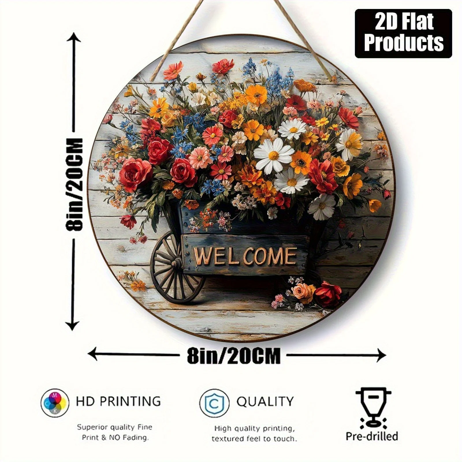 2D Flat, 1pc Vintage Round Wooden Board Decorative Wall Sign - Garden Wheelbarrow Welcome Sign with Colorful Flowers, Rustic Hom