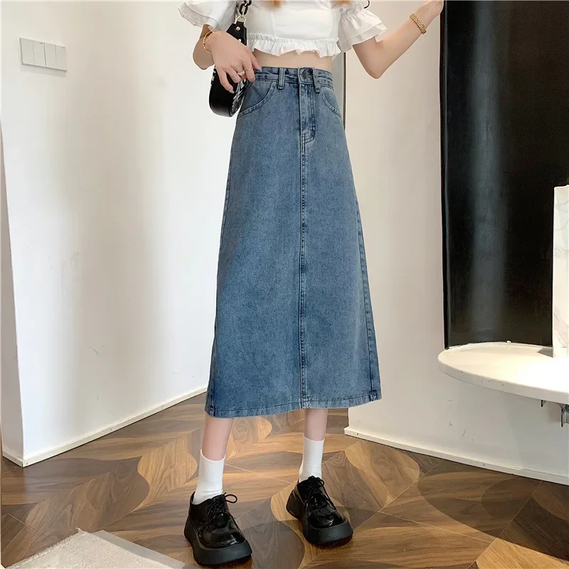 

Plus Size 4xl 5xl Pockets Button Casual Denim Skirt Summer Solid Office Lady Long Skirts Autumn Vintage Korean Fashion Faldas