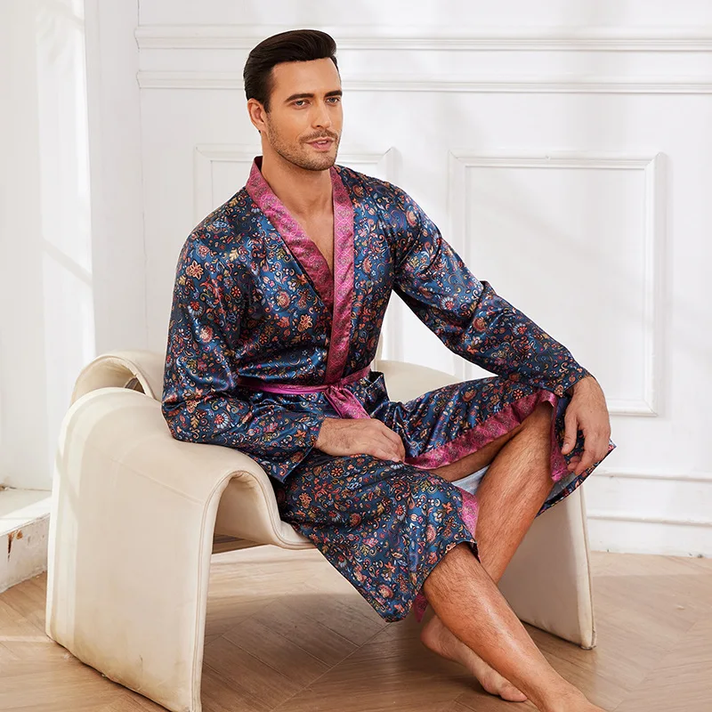 Men Bath Robe Satin Print Kimono Long Sleeve Bathrobe Silk Sleepwear Lounge Nightgown