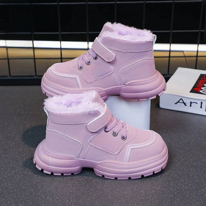 

Kids'Casual Shoes ​Mid-Calf Boots PU Leather Winter Shoes For Girls Anti-slip Warm Velcro Pink Khaki Shoes Size 26-37