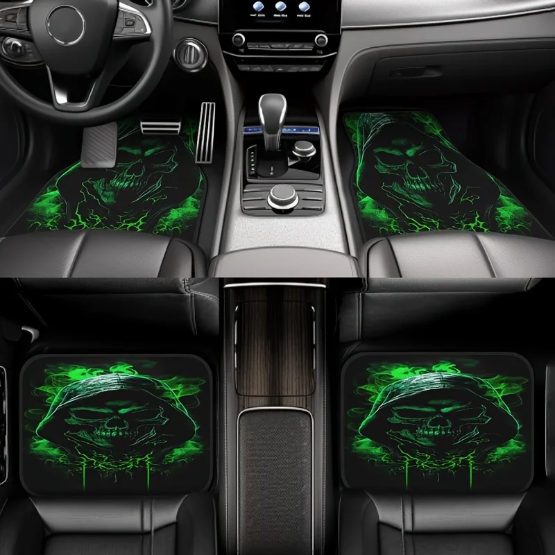 [4pcs Skull Car Mats] 4pcs Green Skull Pattern Car Anti-Slip Floor Mats Water-Absorbent, Durable | for Sedans, SUVs