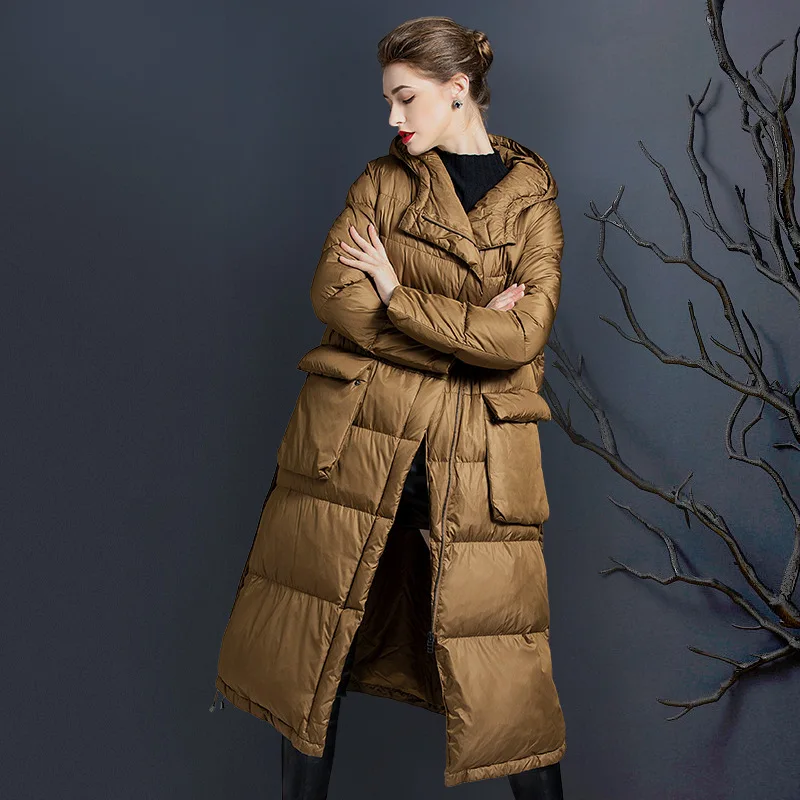 Luxury High Quality Hooded Down Jacket Women Warm Winter Over The Knee 90% White Duck Down Thicken Puffer Jacket Trench Coat