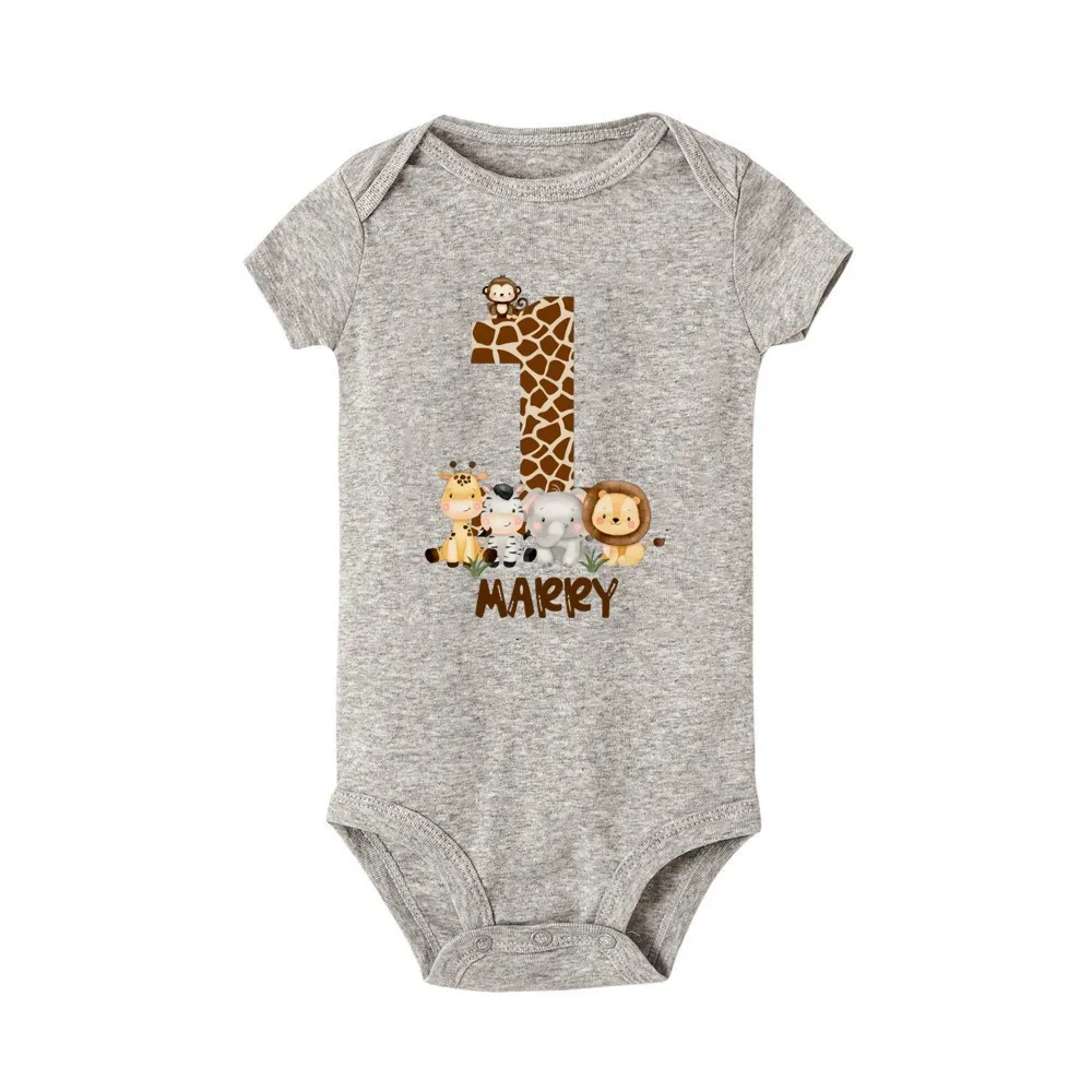 Personalize Animal&1st Birthday Print Infant Romper Custom Name Short Sleeve Infant Baby Bodysuit Casual Birthday Babys Clothes