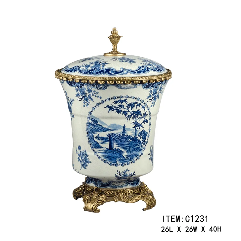 Y1  French Style Copper Metal Table Clock Blue Heavy Carving Hollow Porcelain Inlay Antique Style Table Clock