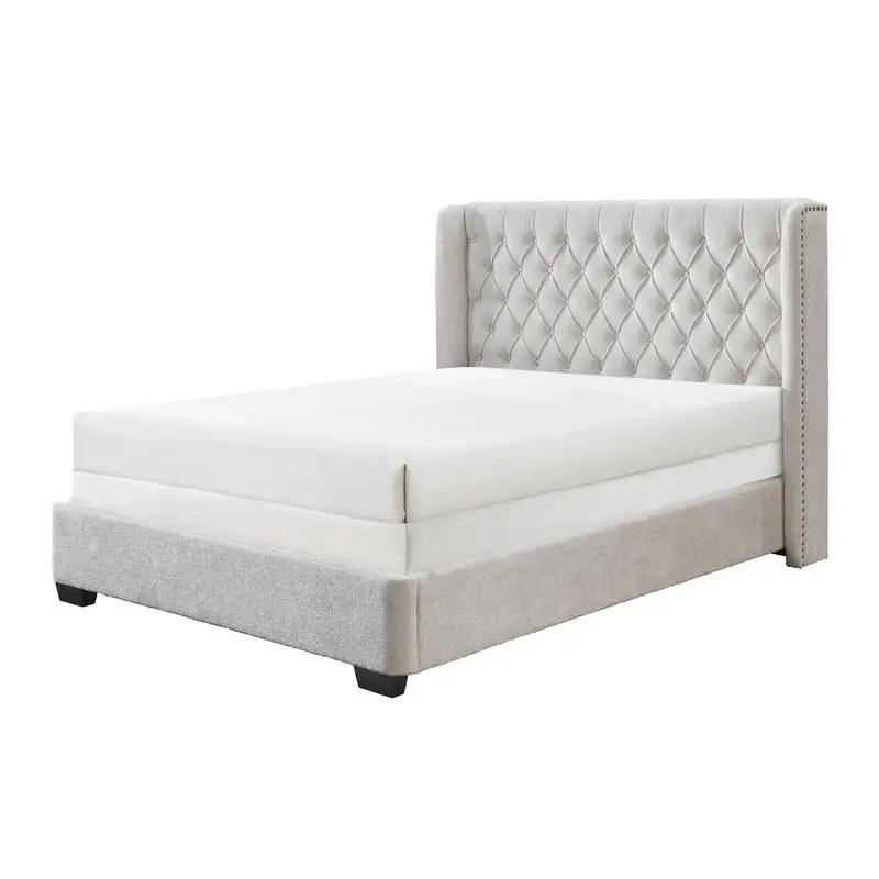 Contemporary King Size Bed Frame with Tufted Winged Headboard in Light Gray Soft Tweed Fabric