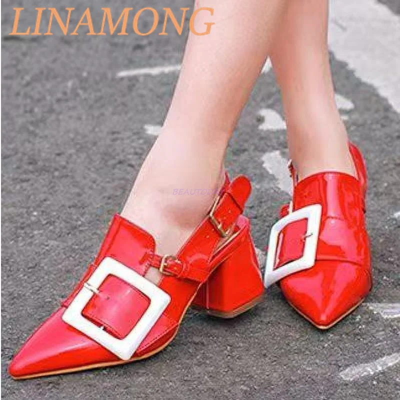 

Sharp Pointed Thick Heeled Patent Leather Sandals Versatile Trendy Belt Buckle Decoration A Toe Cover and Aerial Follow-Up Shoes