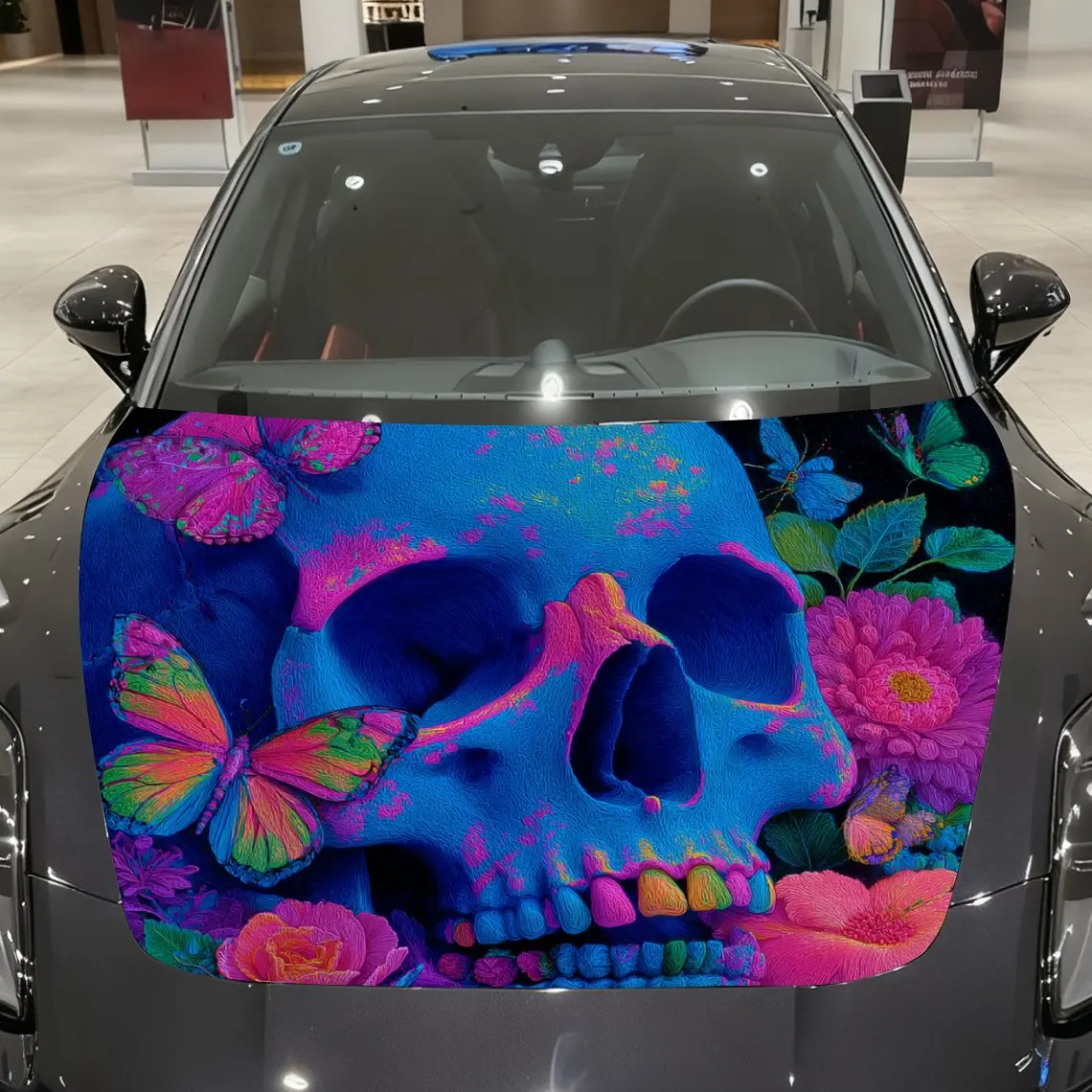 

Colorful Skull And Flower Car Hood Vinyl Wraps, PVC Waterproof Car Bonnet Decals, Self-Adhesive Scratch-Resistant Stickers For E