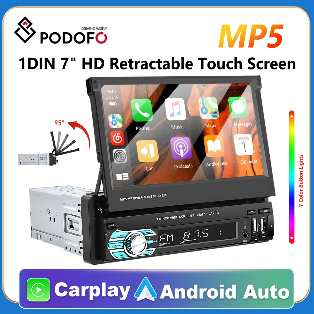 

Podofo 1din Android auto Carplay Radio Touch Screen Universal Car mp5 Player with BT FM Radio Receiver Support Rear View Camera