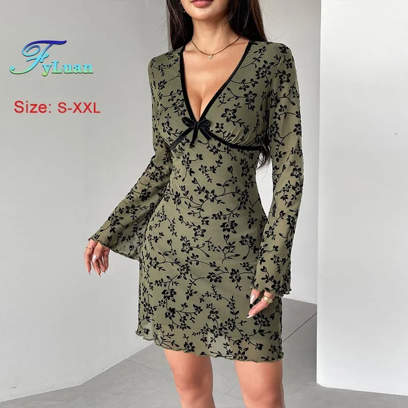 Europa e américa roupas femininas moda nova manga alargamento vestido de malha dupla camada decote em v profundo mini vestido emagrecimento vestido curto