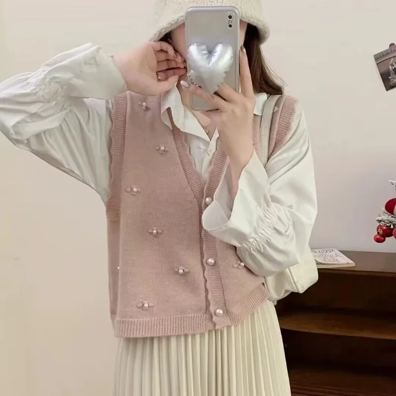 

Pink Knit Vests For Women Casual Y2k Clothing Trend 2025 On Offer Korean Style Waistcoat Warm Fashion Wool Lady Sweaters Beading