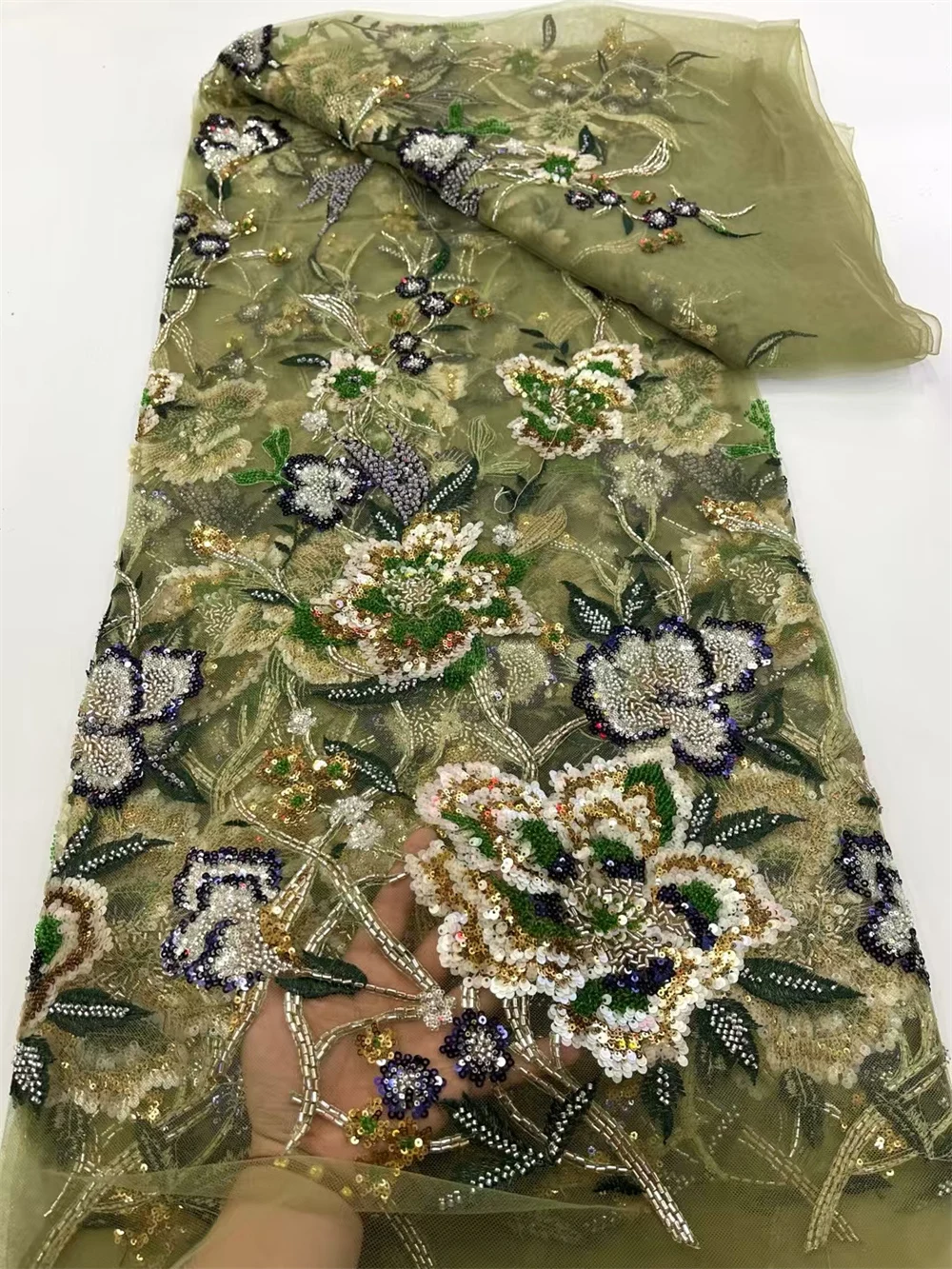 Luxury French Embroidery beads lace  high quality Lace Fabric With Sequins 5 Yards High Quality Materiel for Party Dresses