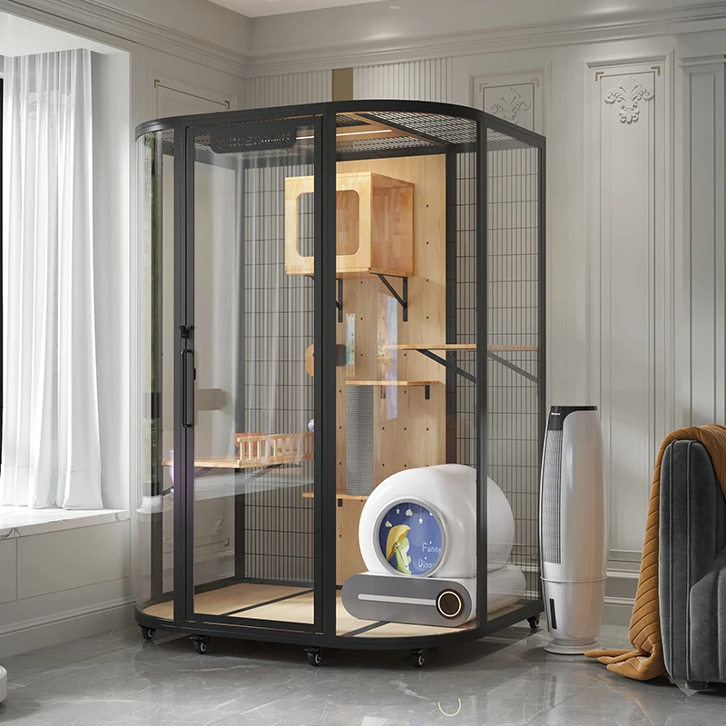 

Cat villa luxury large space DIY solid wood climbing frame household glass panoramic house cabinet cage can be placed in sandbox