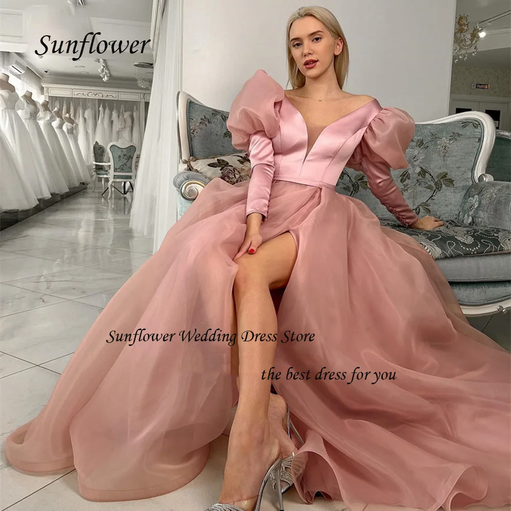 

Sunflower V-Neck Formal Evening Dress 2023 Slim Organza Long Prom dress A-LINE Floor-Length Party Gowns Side Split Wedding dress