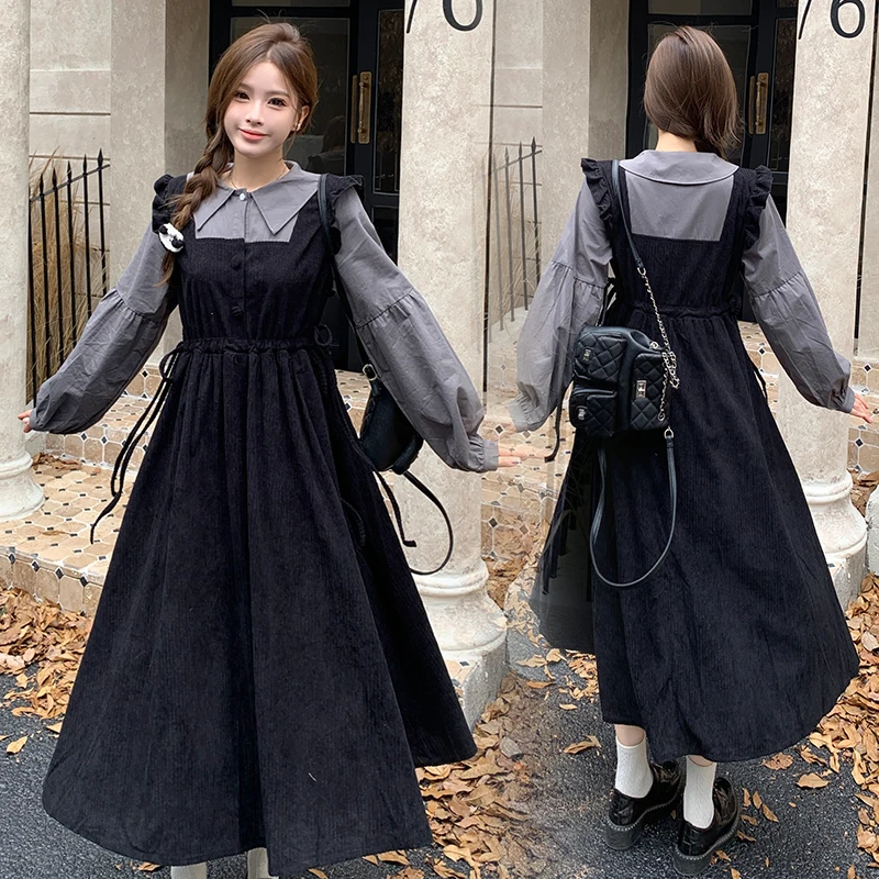 Korean Style Pregnant Women's Dresses Turn-down Collar Lantern Sleeve Maternity Corduroy Dress Plus Size Drawstring Waist Dress