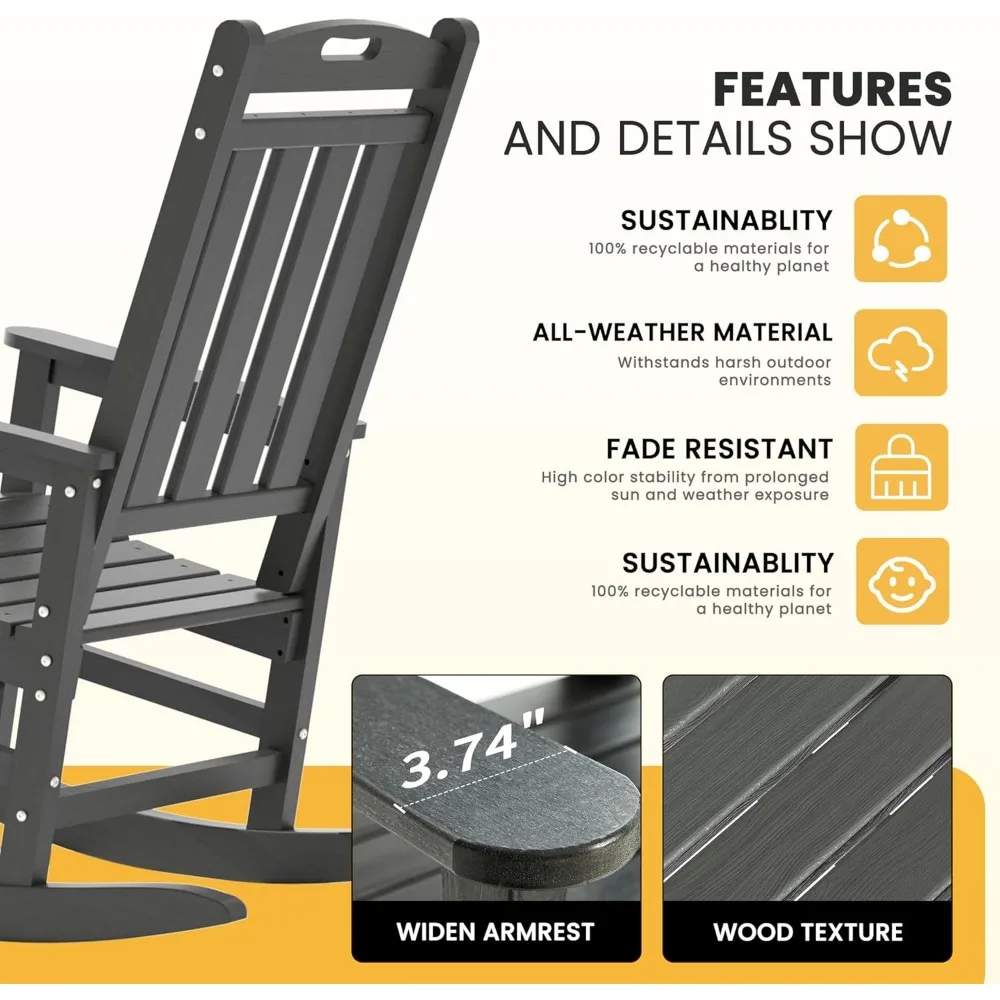 Outdoor Rocking Chairs Set of 2 - Heavy Duty HDPE Patio Porch Rocker with 380lbs Capacity for Adults, Grey, Ideal for Relaxation