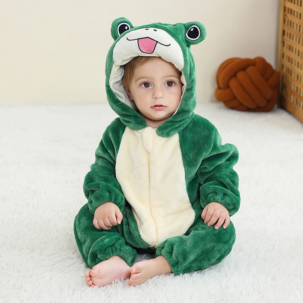 Lovely Kids Frogs Flannel Pajamas Zipper Hooded Children One Piece Pajamas Breathable Cartoon Autumn Winter Home Night Clothes