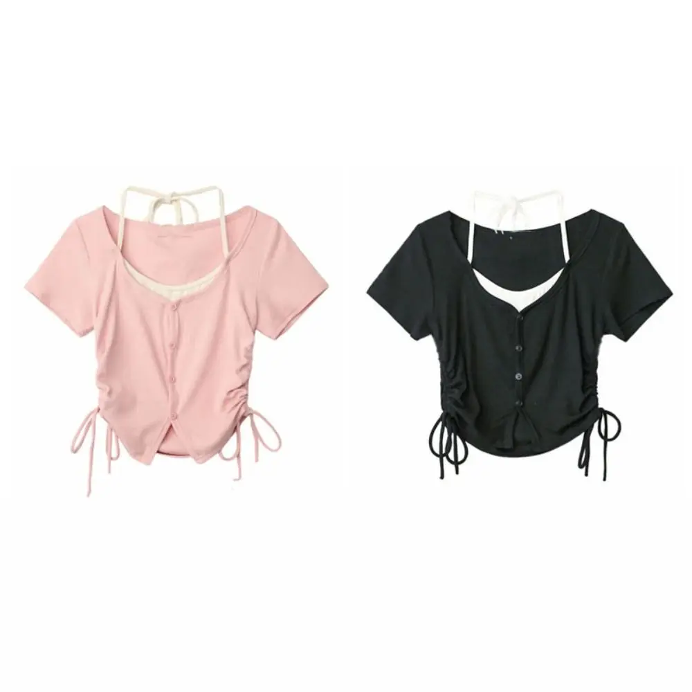 أنيقة الكورية وهمية قطعتين أعلى الشارع الشهير قصيرة الأكمام سترات خفيفة الوزن السباغيتي حزام الجمالية الرسن تانك الأعلى الفتيات