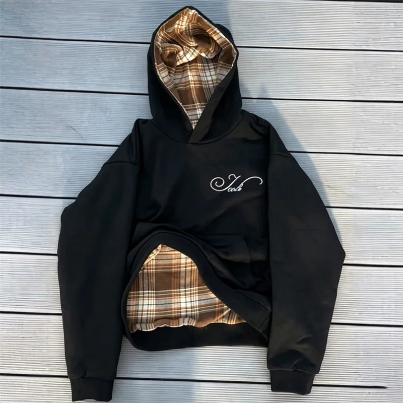 2026 Autumn Winter Women Vintage Reversible Plaid Hoodie Oversized Double Sided Streetwear Long Sleeve Pullover Sweatshirt