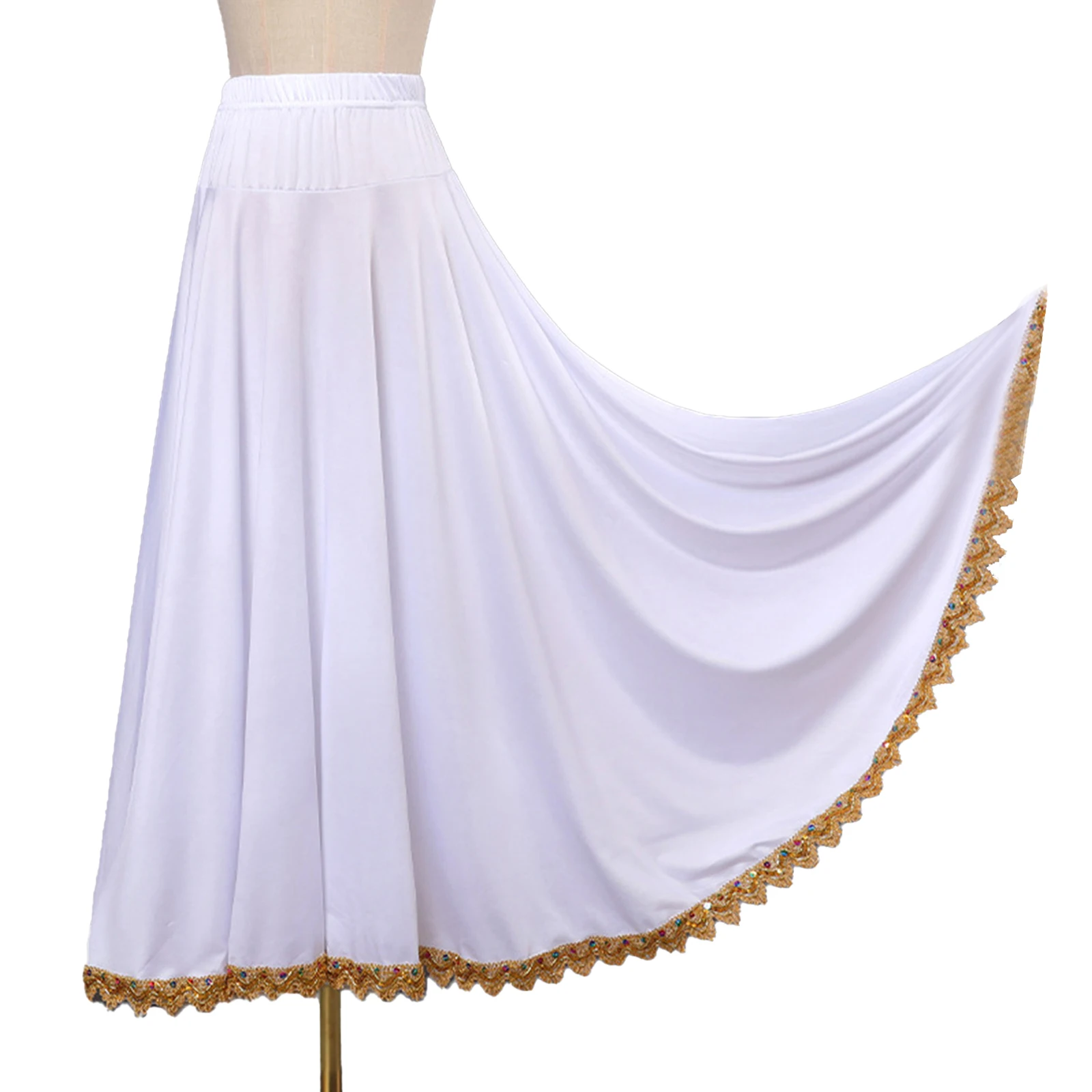 Women Flamenco Spanish Paso Doble Dance Skirt Full Circle High Waist Ruffled Maxi Skirts Square Belly Ballroom Dancing Costume