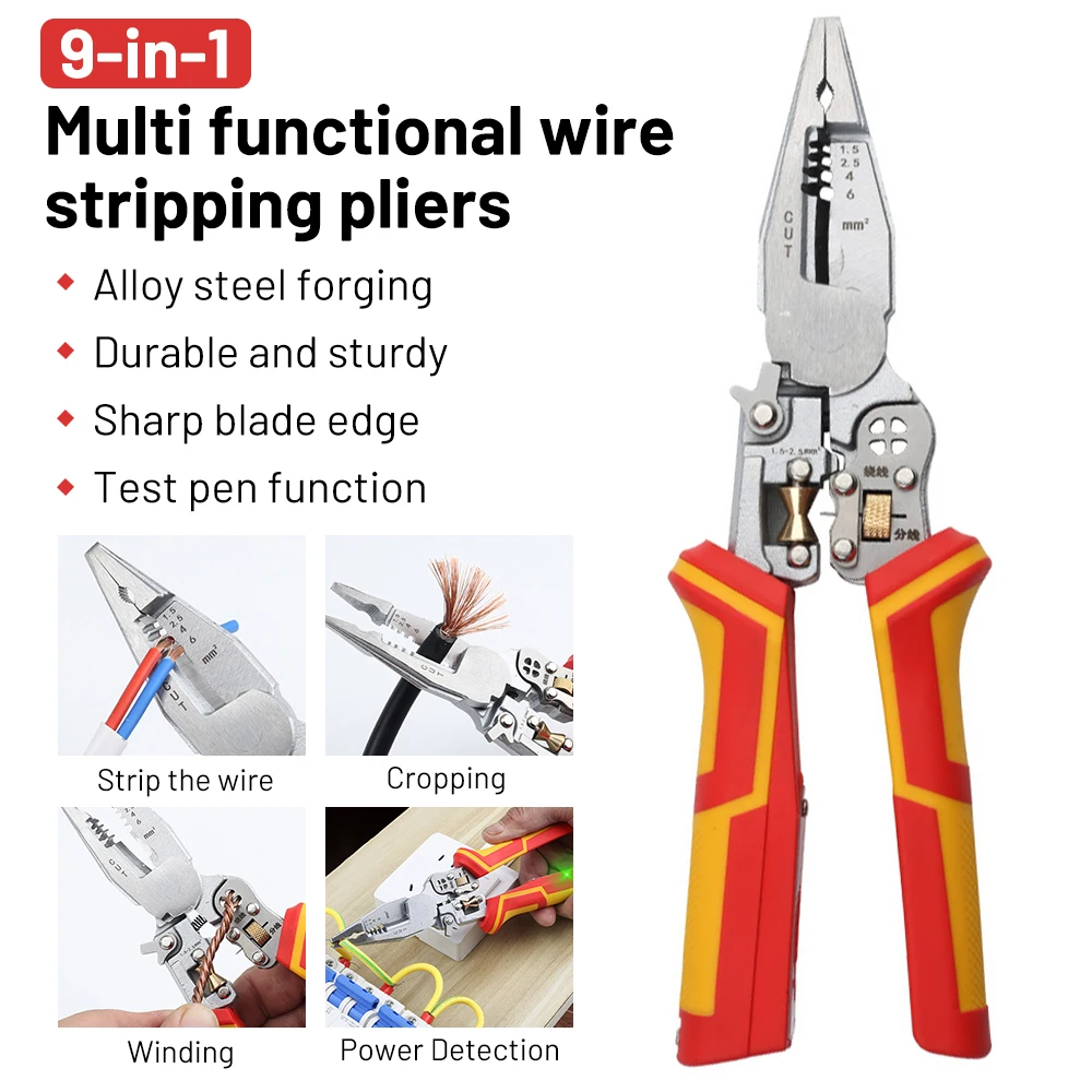 Multifunctional 9-in-1 Electrical Pliers with Voltage Detection, Adjustable Roller Wire Stripper & Cable Cutter for Electricians